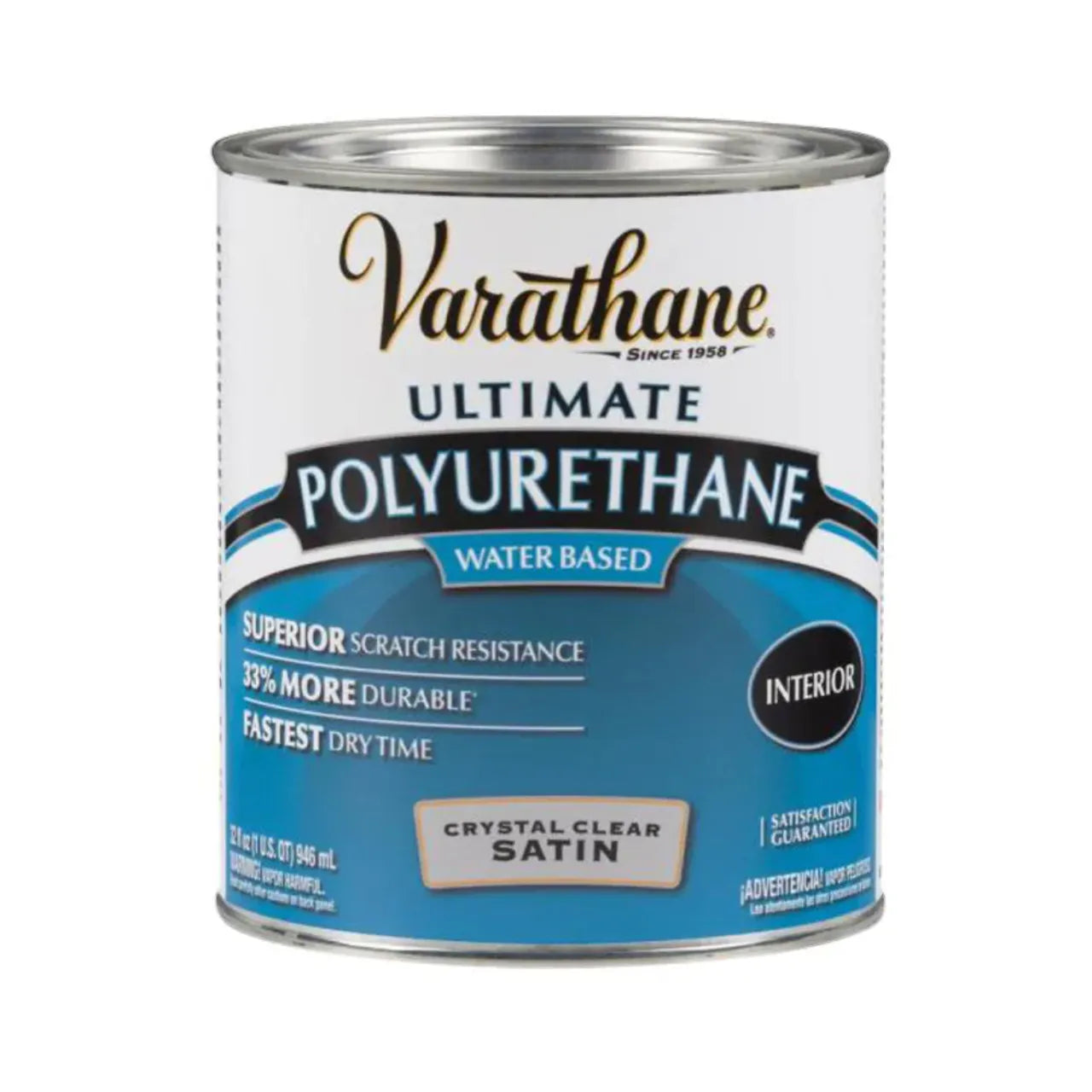 A 1 qt. can of Go Build Satin Water-Based Interior Polyurethane—Clear offers a crystal clear satin finish with 33% more durability, superior scratch resistance, and the fastest dry time.